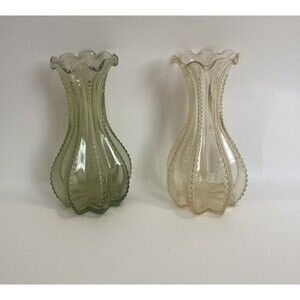 Lot VTG Yellow & Green Indiana Glass  Bud Vase Beaded Edge 8 Sided Ruffle Top 5”